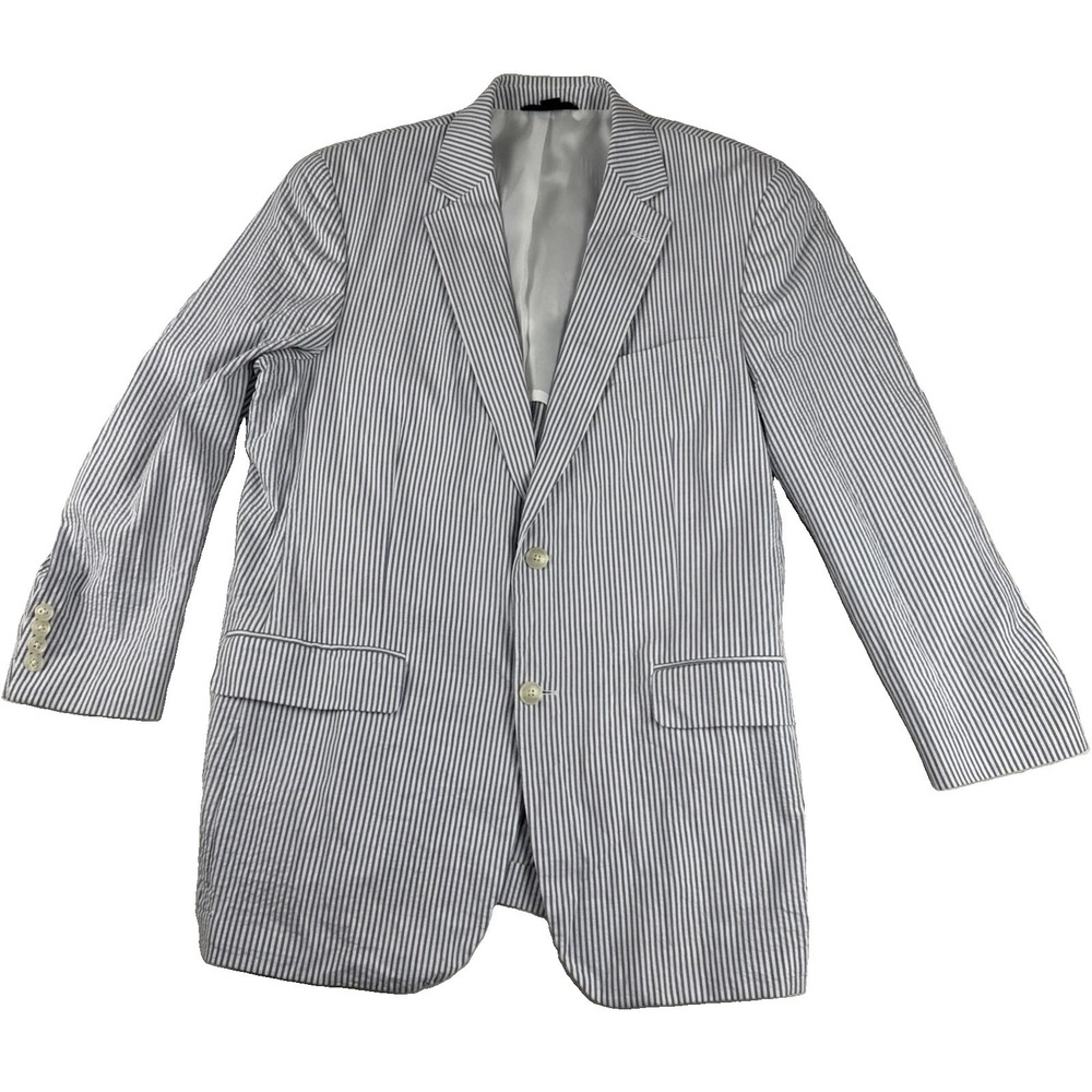 Haspel Mens Seersucker Cypress Blue White Blazer 42L Cotton Preppy Lightweight
